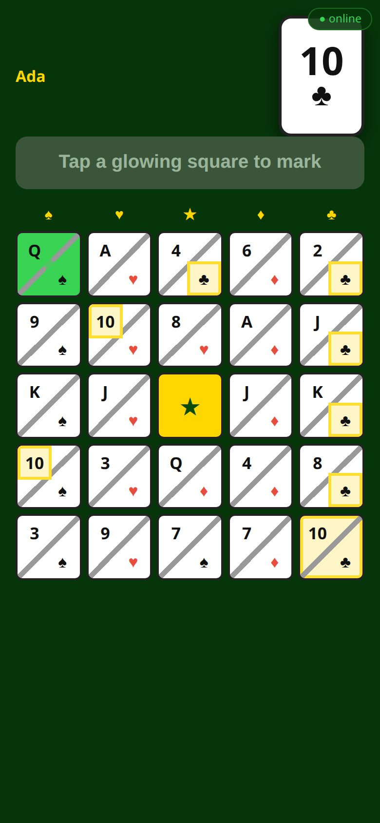 A player's phone: a 5 by 5 bingo card under columns marked spade, heart, star, diamond and club, each square split into a rank half and a suit half, with the halves the drawn card earns glowing.