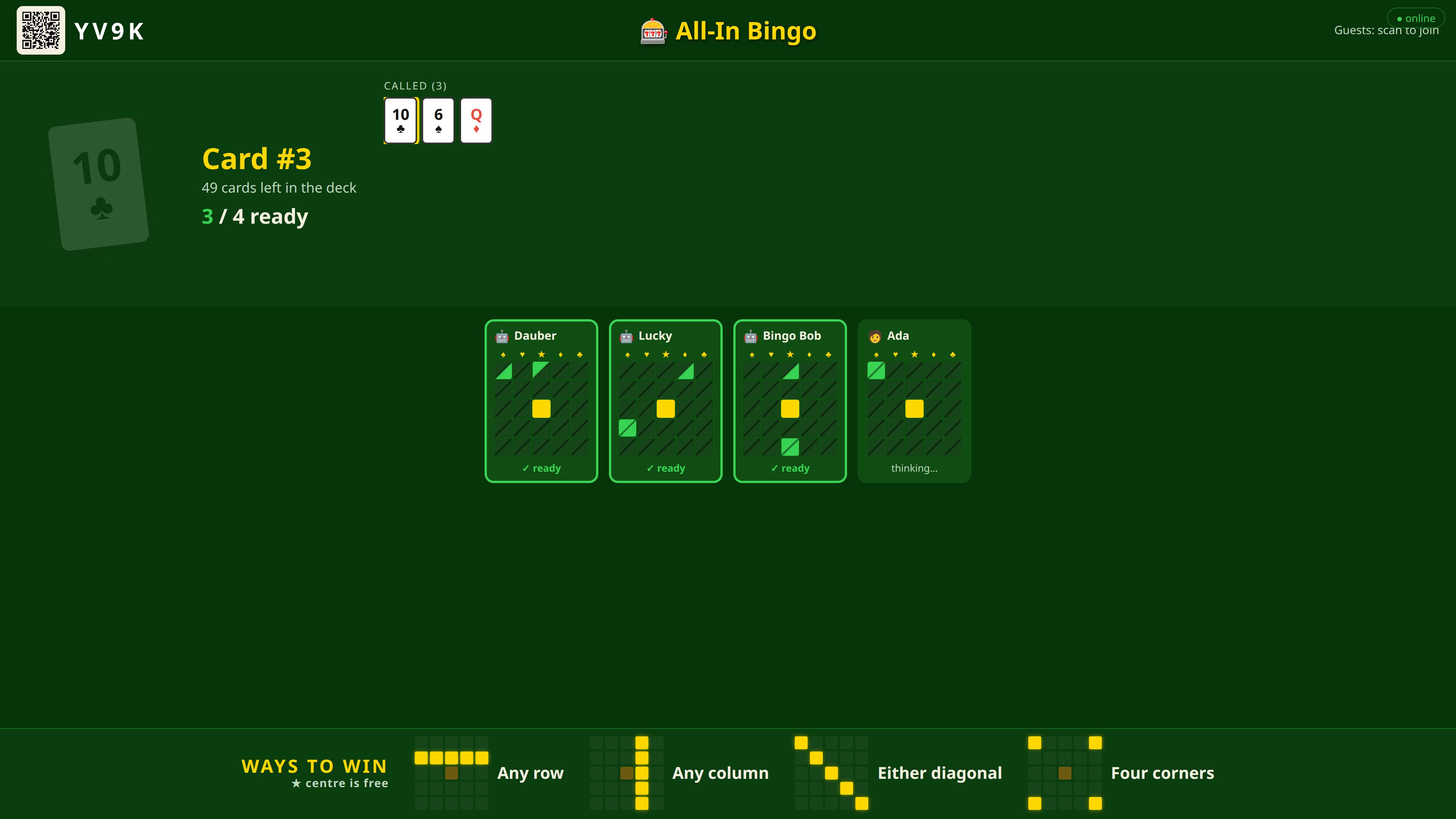 The TV calling a card: the drawn card shown large, with the players listed and who has locked in.